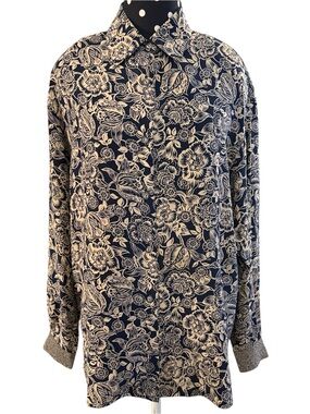 Vintage First Issue 100% Silk Floral Button Front Blouse Black Tan Side Vent Top